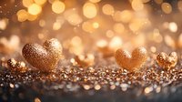Golden glitter hearts on sparkling background with bokeh lights and shallow depth of field, romantic festive composition for Valentine's day or wedding design.