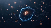 Glowing shield with padlock symbol surrounded by floating particles and connected nodes on dark blue background, representing cybersecurity and data protection.