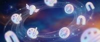 Cryptocurrency coins floating in circular motion with glowing light trails and bokeh effects on dark blue and orange gradient background for blockchain technology concepts.