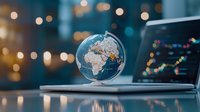 Illuminated glass globe on laptop with bokeh lights background showing global business connectivity and international digital markets.