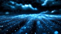 Glowing blue particles create dynamic wave pattern against dark background, abstract digital technology concept with bokeh light effects and depth.