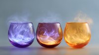Mystical smoke swirls inside colorful glass bowls in purple, red and orange creating ethereal atmospheric effect against dark background.