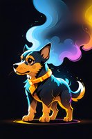Magical chihuahua puppy with glowing aura and colorful smoke effects on dark background, cartoon style character design for children books and game assets.