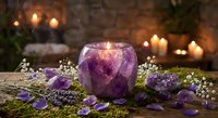 Purple amethyst crystal candle holder with burning candle surrounded by lavender flowers and baby's breath on rustic wooden table for spa relaxation.