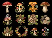 Mushroom and toadstool collection isolated on transparent background. Ready for t-shirt design, clipart, stickers, sublimation, print-on-demand products and digital crafts.