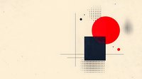 Minimalist geometric composition with red circle and navy square on beige background, featuring subtle dotted patterns and thin gray lines.