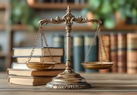 Decorative brass scales of justice with law books in background, symbolizing legal system, jurisprudence and attorney services. Soft focus library setting.