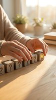 Woman hands arranging wooden blocks with question marks and light bulb symbol representing problem solving and creative thinking process.