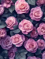Pink and purple roses with dark blue-gray leaves create romantic floral pattern. Delicate petals and moody tones combine for elegant botanical background.