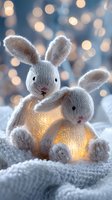 Knitted bunny toys with glowing bodies nestled in soft blanket against blurred bokeh lights background, creating cozy winter atmosphere.