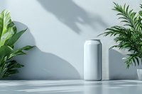 White aluminum can mockup on minimal gray surface with tropical plants and dramatic shadow casting, suitable for beverage product presentation.