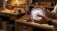 Artisan craftsman holding glowing crystal ball in workshop studio with tools and materials, suitable for spiritual healing, fortune telling, mystical practices, and metaphysical business branding.