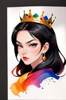 Young Asian woman wearing golden crown with jewels, black hair and dramatic makeup in anime style portrait with colorful watercolor splash elements.