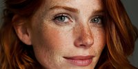 Close-up portrait of young Caucasian woman with freckles and red hair looking at camera with natural lighting for beauty and skincare concepts.