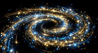 Golden and blue spiral galaxy with glowing particles and light trails creating cosmic energy vortex on dark background for digital art and space themes.