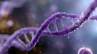 Purple glowing DNA strand with crystalline frost particles floating in dark space, genetic research concept showing molecular structure and biology science.