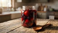 Homemade mixed berry preserve in glass jar with wooden spoon on rustic table, warm kitchen background, natural light.