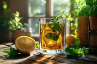 Glass of refreshing mint tea with fresh lemon and green mint leaves on wooden table near window. Natural sunlight creates cozy atmosphere through plants.