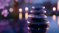 Zen stones stacked in balance against purple bokeh background with soft candlelight and cherry blossoms, creating serene spa atmosphere for wellness and meditation.