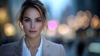Young blonde businesswoman in beige blazer and white shirt against blurred city lights background with bokeh effect creating professional corporate portrait.