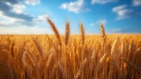 Golden wheat ears against blue summer sky with white clouds. Close up view of ripening cereal field, agricultural landscape at harvest time. Natural organic farming.