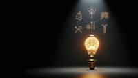 Glowing lightbulb with brain filament surrounded by floating innovation icons on dark background. Creative thinking and brainstorming concept for business solutions.