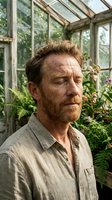 Middle-aged Caucasian male botanist or gardener in greenhouse with lush plants and natural light, wearing casual work shirt for horticultural and agricultural concepts.