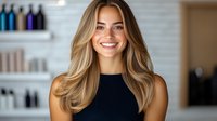 Young Caucasian woman with long blonde wavy hair and bright smile wearing black sleeveless top in beauty salon interior with hair products on shelves in background.