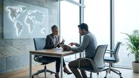 Two diverse business professionals discussing global strategy in modern office with world map projection on wall for corporate presentations.