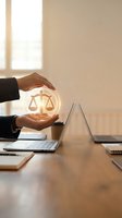 Lawyer holding glowing scales of justice icon between hands at wooden desk with laptop, symbolizing legal services, law firm consultation, and ethical business practices.