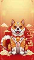 Adorable corgi dog in traditional Asian ceremonial costume with golden ornaments on red gradient background with decorative clouds and oriental patterns.
