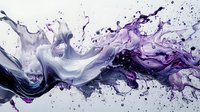 Dynamic purple and white liquid paint splash creating abstract flowing waves and swirls against black background, with dramatic motion and artistic fluid movement.