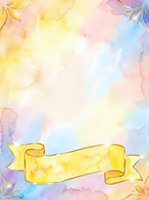 Watercolor background with soft pastel colors, yellow ribbon banner, and floral elements in corners, suitable for invitations, greeting cards, and design projects.