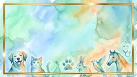 Watercolor illustration of domestic animals including dog, cat, rabbit, bird, and horse arranged in a row with paw print, framed with gold border on soft pastel background. Suitable for pet care, veterinary, animal lover designs.