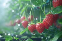 Fresh ripe raspberries covered with morning dew drops hanging on branch against blurred natural bokeh background, macro photography in soft light.