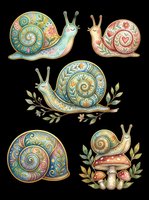 Decorative snails with ornate spiral shells featuring floral and geometric patterns, isolated on transparent background. Ready for t-shirt design, clipart, stickers, sublimation, and print-on-demand products.