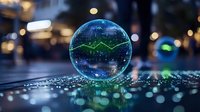 Glowing sphere with financial chart hologram floating over reflective surface against blurred city lights background creates futuristic business concept.