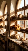 Artisan bakery window display with fresh sourdough loaves, croissants and pastries on wooden shelves bathed in warm sunlight, showcasing traditional baked goods for cafes and restaurants.
