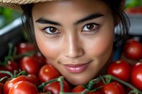 Young Asian woman with natural makeup smiling among fresh red tomatoes on vine, close up portrait showing healthy lifestyle and organic food concept.