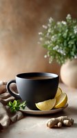 Black ceramic cup of hot tea with fresh lemon slices, ginger root, mint leaves and small white flowers in vase on beige background. Cozy morning drink setup.