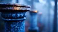 Vintage metal bollard with decorative cast iron details in moody blue lighting, showing weathered texture and architectural elements from maritime or industrial setting.