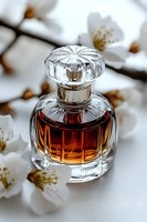 Elegant crystal perfume bottle with amber liquid surrounded by delicate white cherry blossoms on soft white background, luxury fragrance photography.