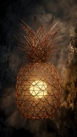 Glowing wireframe pineapple with illuminated interior against dark smoky background, geometric metallic design for creative projects and digital art applications.