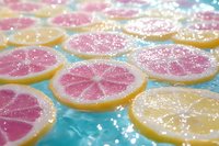 Sliced grapefruit and lemon with sparkling sugar crystals on turquoise surface, ideal for food styling, beverage marketing, and culinary design projects.