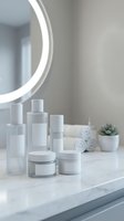 Minimalist white cosmetic bottles and jars arranged on marble bathroom counter with LED mirror and succulent plant for skincare routine and spa wellness.