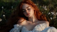 Young redhead woman with flowing hair in white lace dress lying in wildflower meadow during golden hour sunlight creating dreamy romantic portrait.
