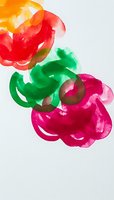 Vibrant watercolor bell peppers in orange, red, green and magenta create an abstract composition on white background, suitable for modern kitchen decor and food packaging.