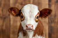 Adorable brown and white newborn calf looking at camera against rustic wooden background, farm animal portrait.