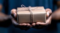 African American hands holding brown kraft paper wrapped gift box with twine bow against dark blue background, offering present in gentle gesture.