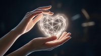 Hands protecting glowing geometric heart symbol representing love, care, healthcare, charity, protection, wellness, compassion, support, medical insurance concept.